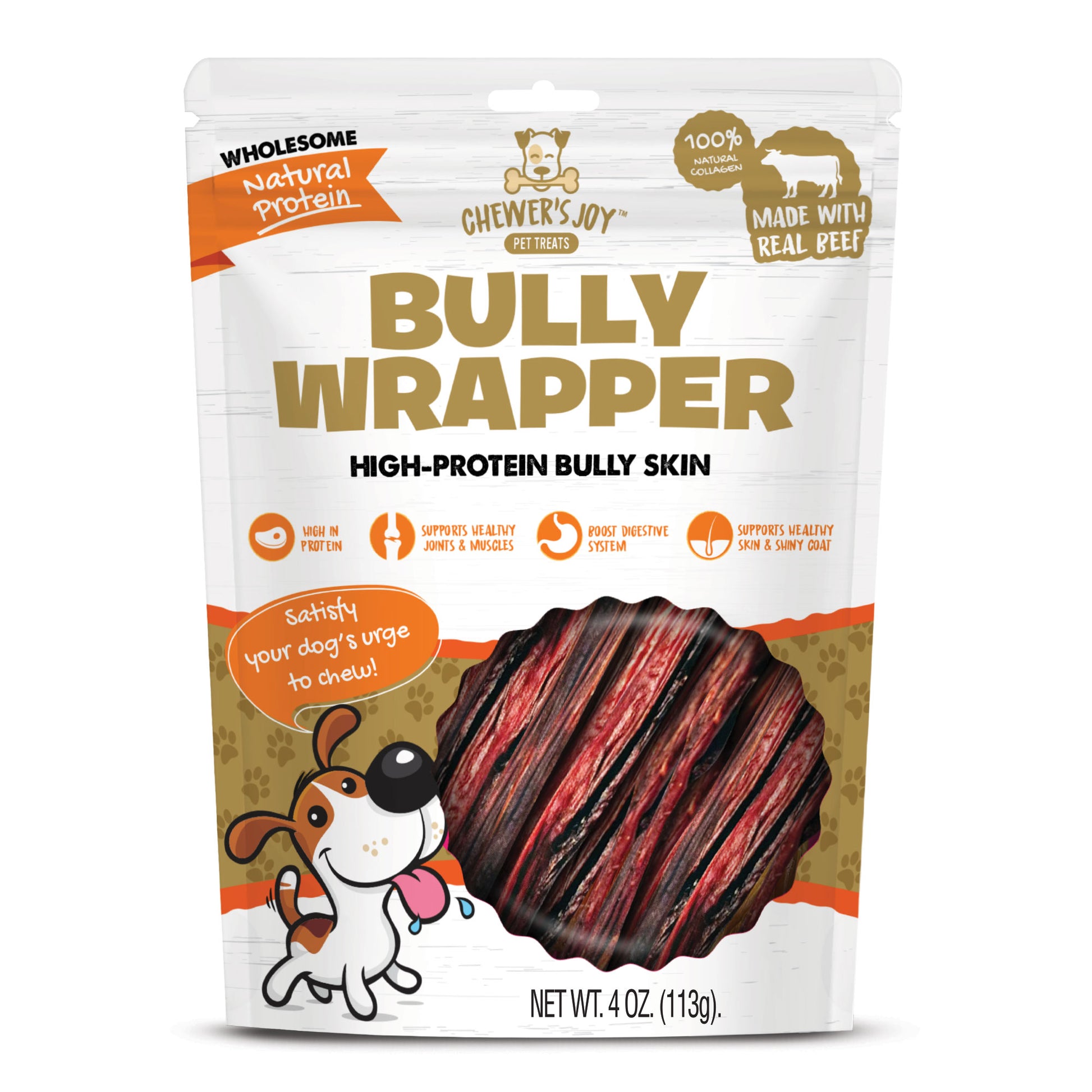 Chewer's Joy Bully Wrapper, Bully Skin Sticks Dog Treats- 4oz, High in Protein, Promotes Healthy Joints, Bones, Boost Digestive System, Supports